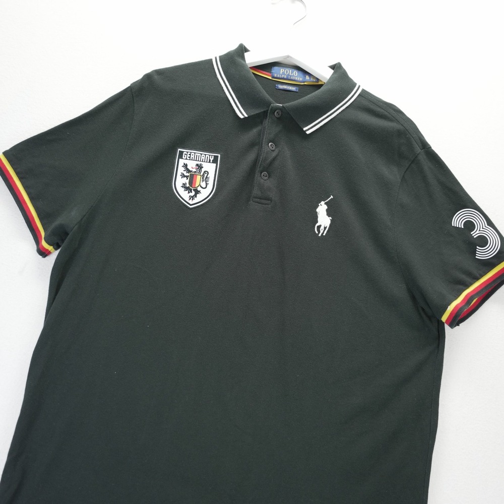 Polo Ralph Lauren Mens XL Black Germany Custom Slim Fit Polo Shirt 3 Logo